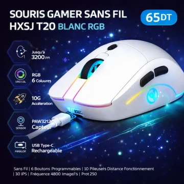 Image principale de l'annonce 🔥 Souris Gamer Sans Fil HXSJ T20 – RGB Blanc 🔥